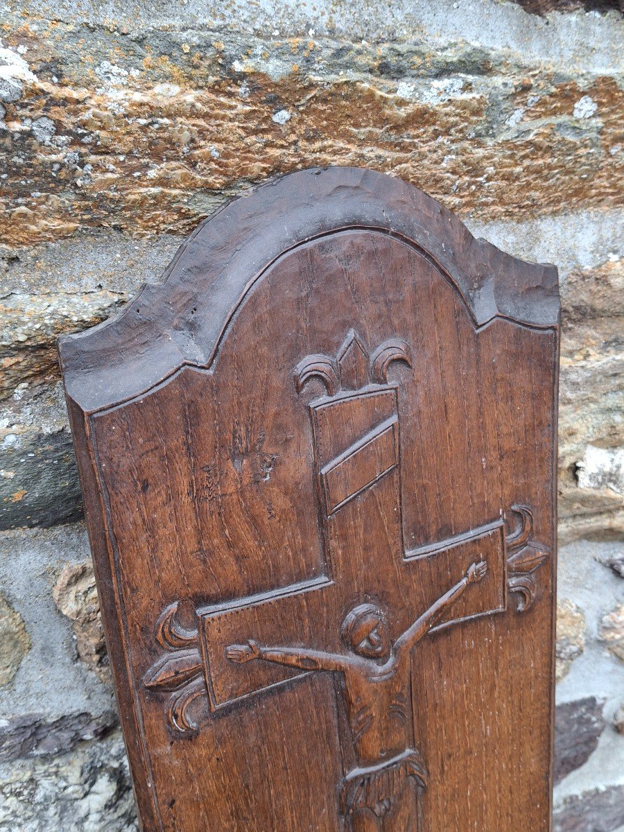 Christ En Croix Panneau De Bois Sculptée Art Populaire Bretagne-photo-2