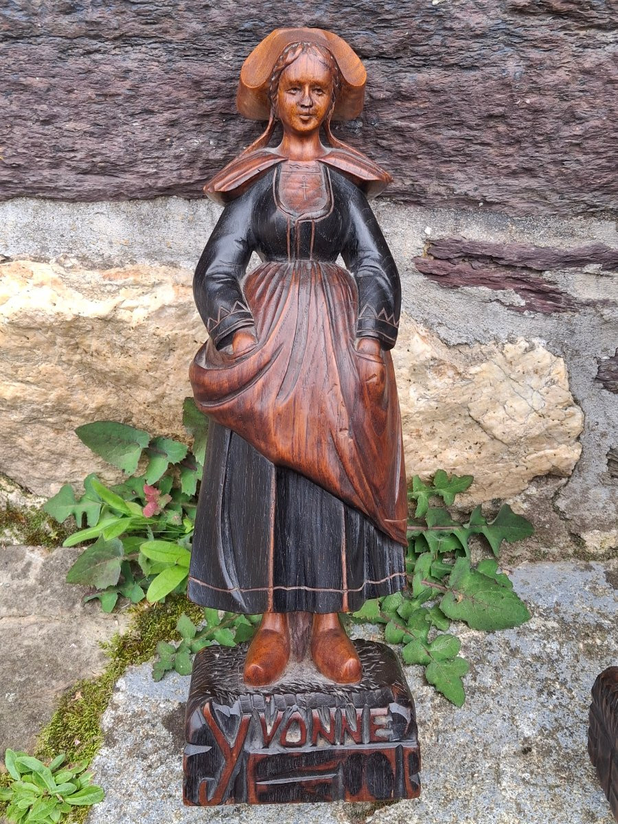 Couple De Bretons en costume Bois Sculptée Bicolore  Lannion-photo-2