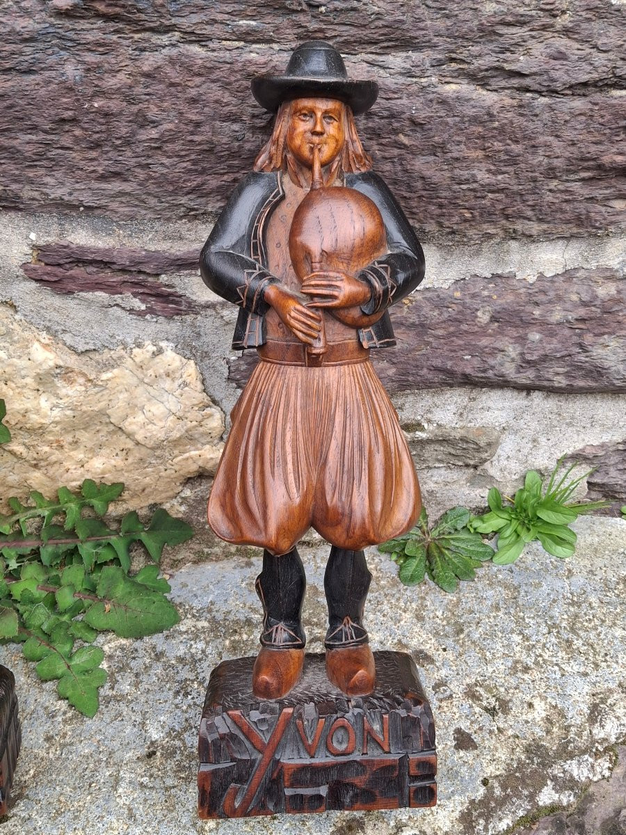Couple De Bretons en costume Bois Sculptée Bicolore  Lannion-photo-3