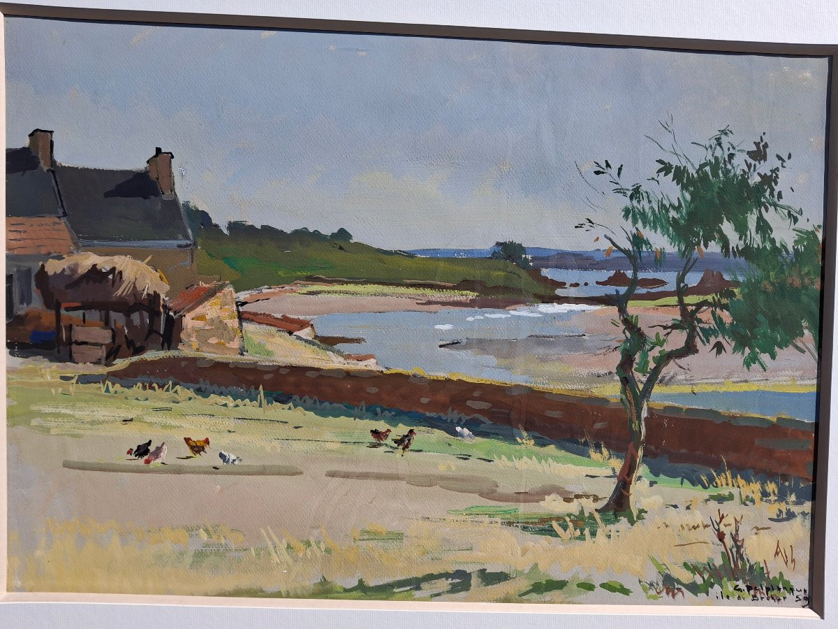 Gouache Georges Delplanque (1903-1999) Heart Of The Farm In Bréhat 1959 -photo-2