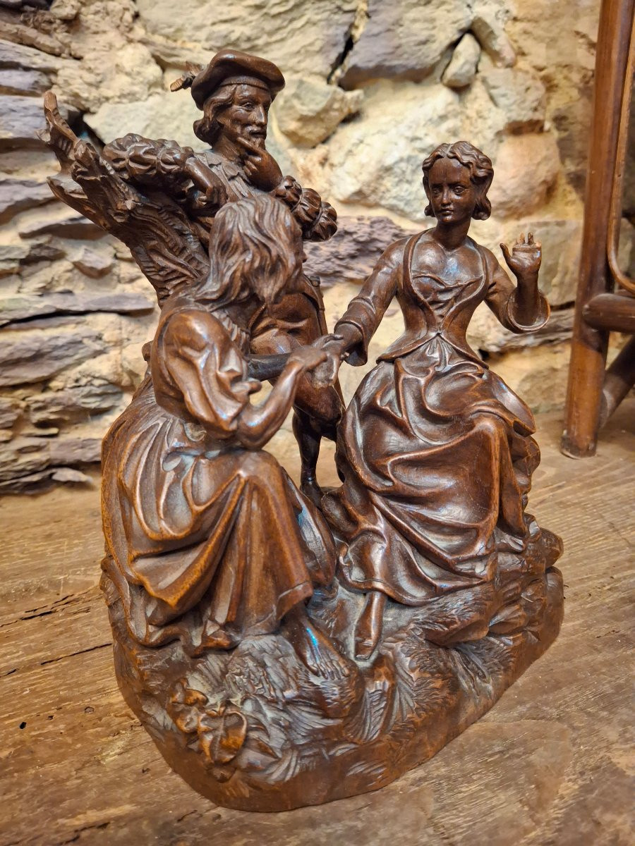 La diseuse de bonne aventure groupe en bois sculpté XIXe-photo-2