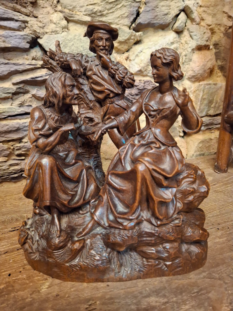 La diseuse de bonne aventure groupe en bois sculpté XIXe
