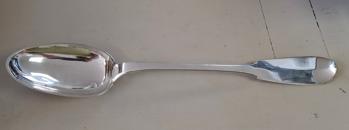 Large 18th Century Rennes Silver Coat Of Arms Stew Spoon -photo-2