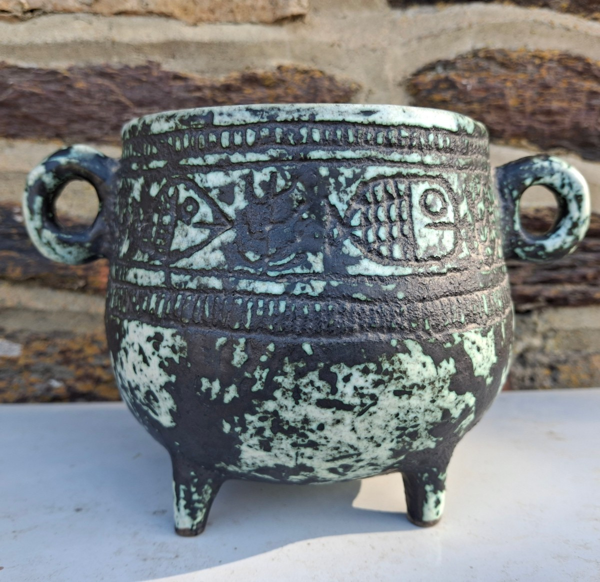 Small Planter, Ear-shaped Planter By Jacques Blin (1920-1995) With Fish Decoration