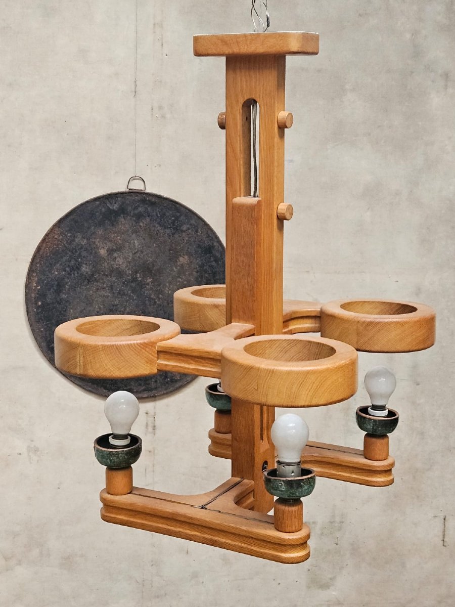 Guillerme Et Chambron Large 4-light Chandelier In Oak And Ceramic  -photo-2