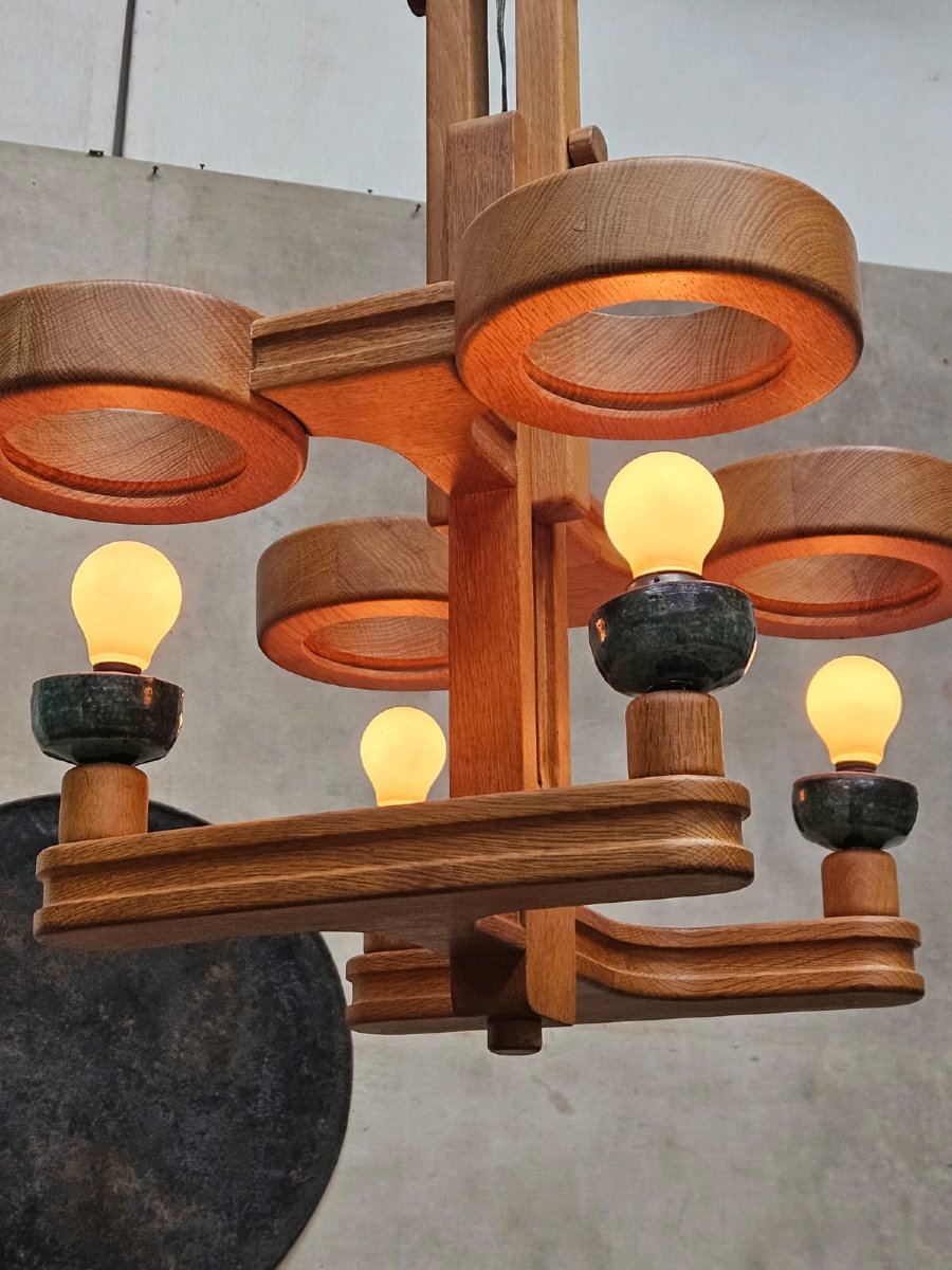 Guillerme Et Chambron Large 4-light Chandelier In Oak And Ceramic  -photo-3