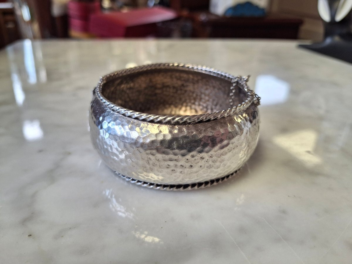 Art Deco Hammered Silver Cuff Bracelet By René Sitoleux-photo-2