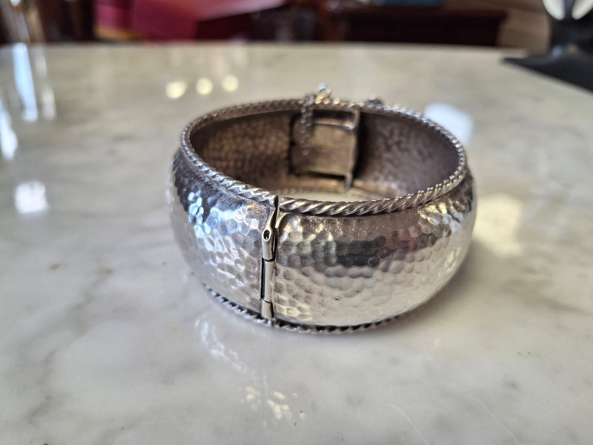 Art Deco Hammered Silver Cuff Bracelet By René Sitoleux-photo-3
