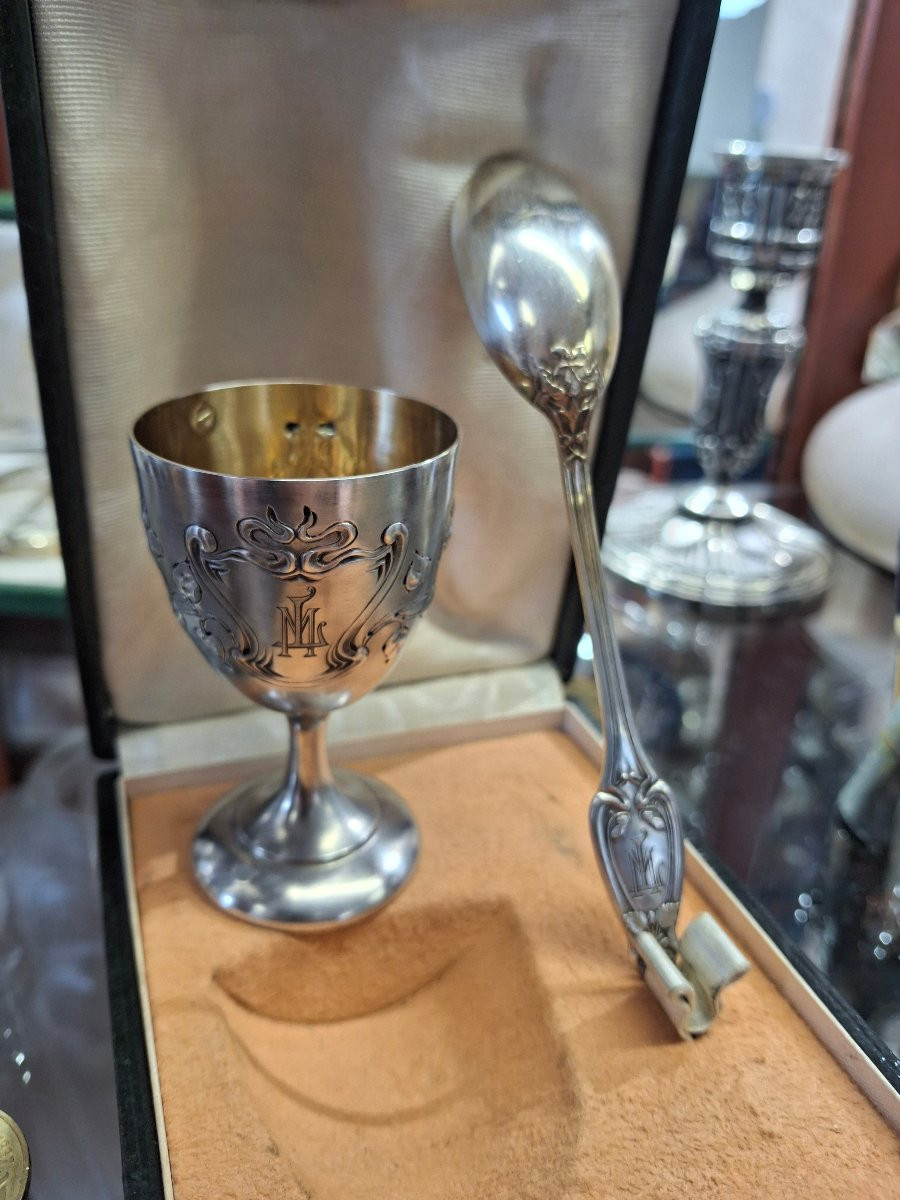 Coquetier en argent et sa cuillère art nouveau-photo-2