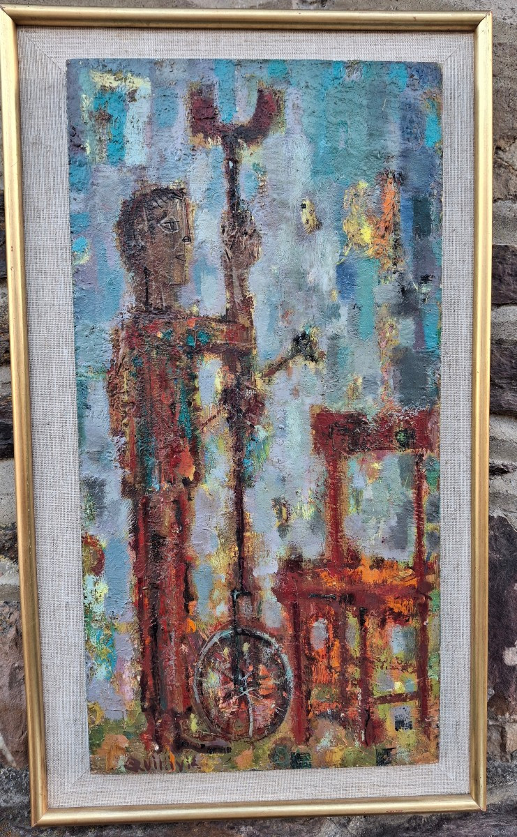 René Quillivic (1879-1969) huile sur bois le monocycle girafe