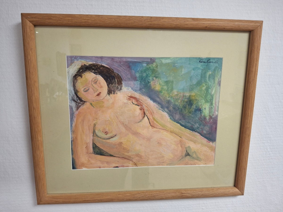 Francois Lombardi Painting Of A Reclining Nude Woman, Oil On Paper