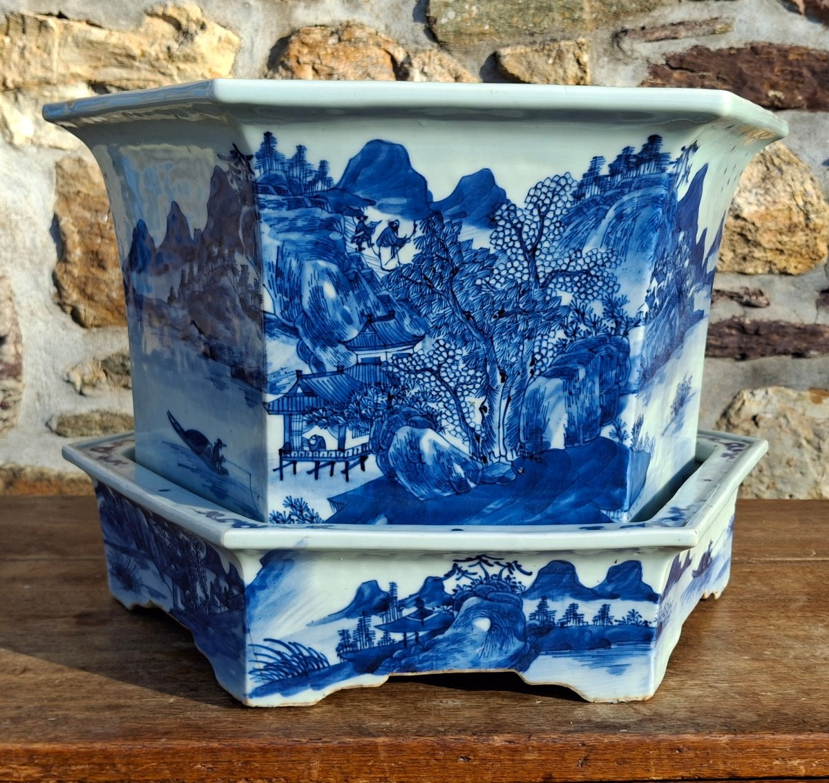 Chine XIXe jardinière Hexagonale en porcelaine blanc/bleu-photo-2