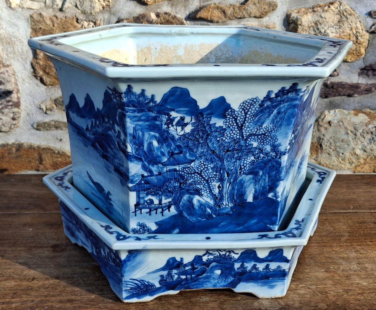 Chine XIXe jardinière Hexagonale en porcelaine blanc/bleu-photo-3