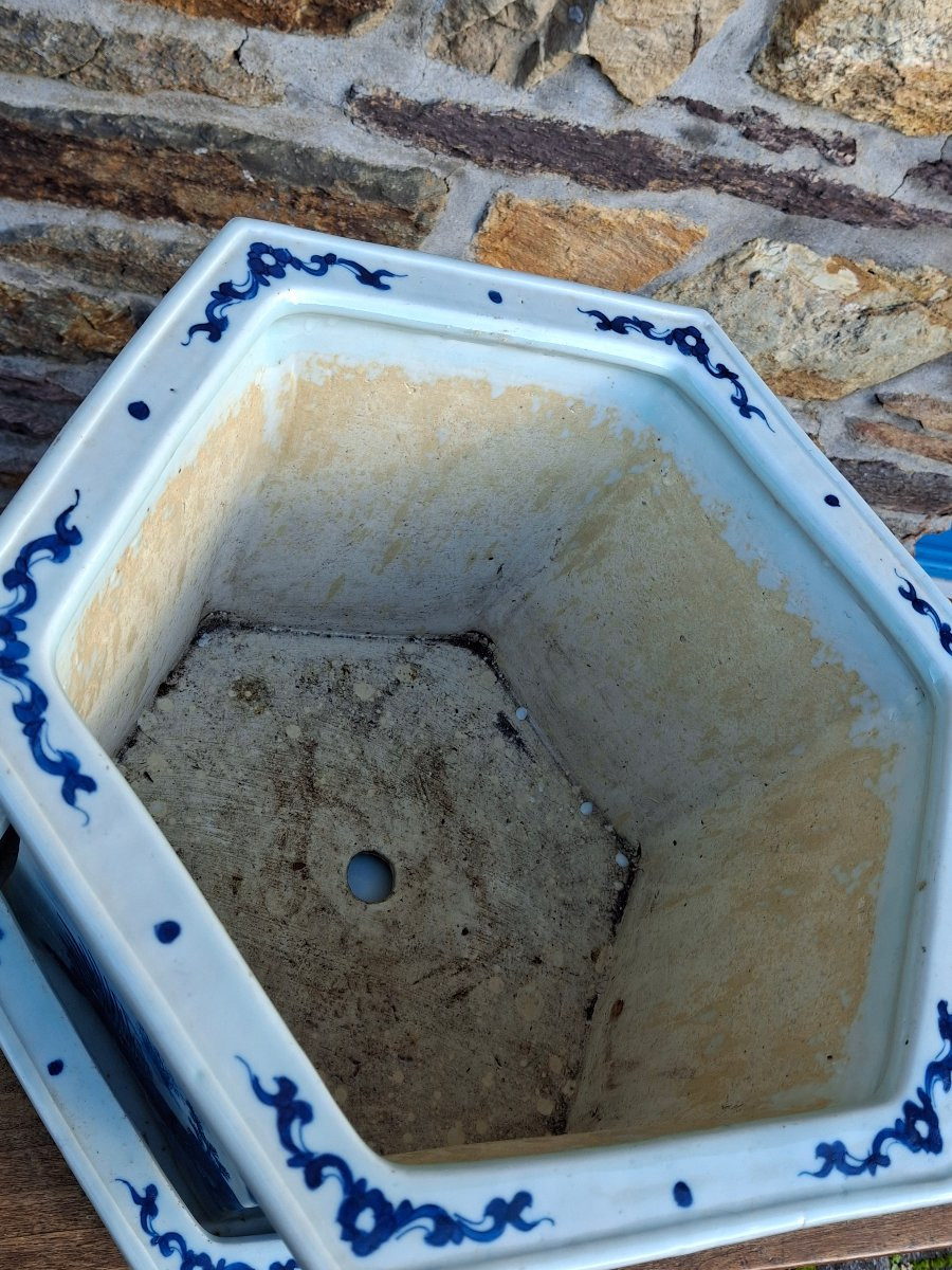 Chine XIXe jardinière Hexagonale en porcelaine blanc/bleu-photo-2