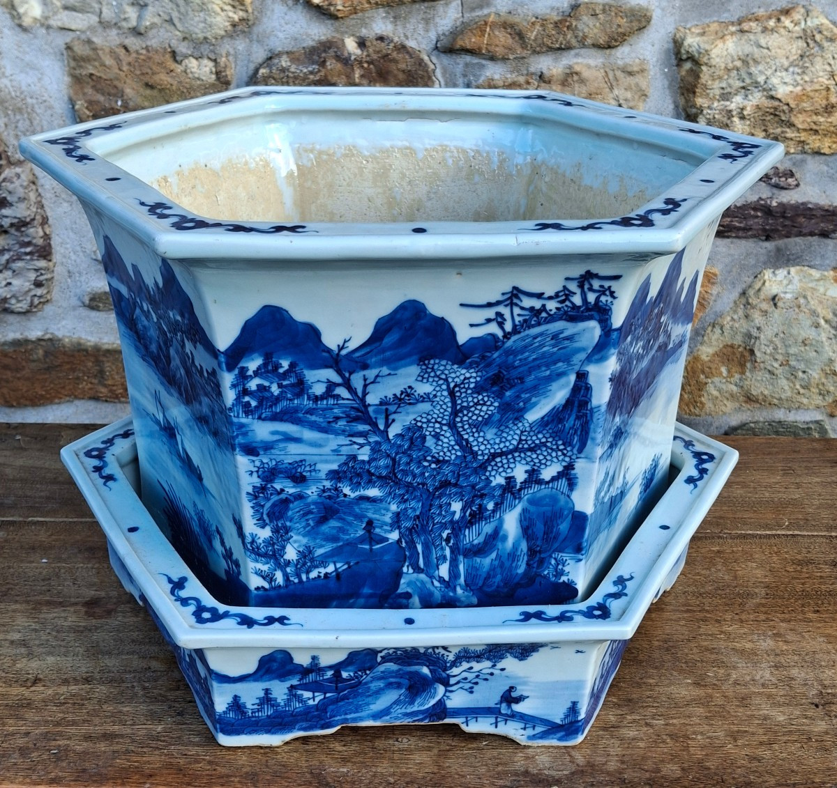 Chine XIXe jardinière Hexagonale en porcelaine blanc/bleu