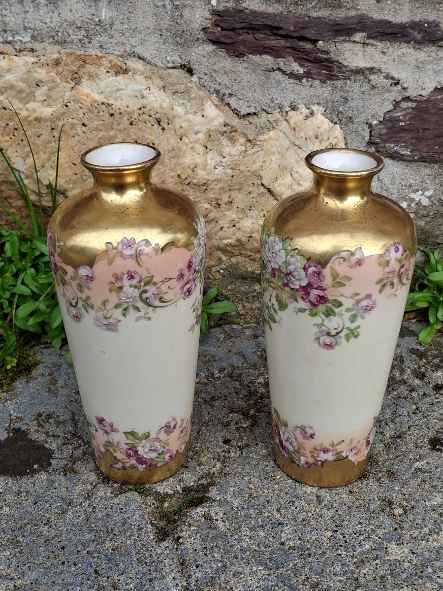 Pair Of Vases With Floral Decoration, Golse Limoges-photo-2