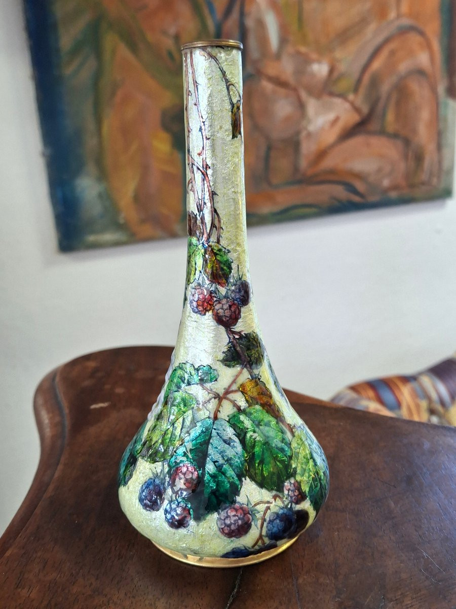 Jules Sarlandie (1874-1936) émaux de Limoges vase aux mûriers -photo-4