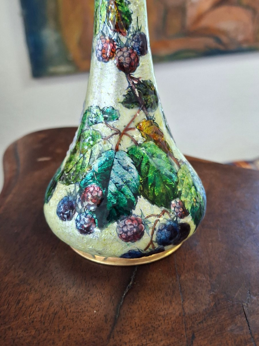 Jules Sarlandie (1874-1936) émaux de Limoges vase aux mûriers -photo-1