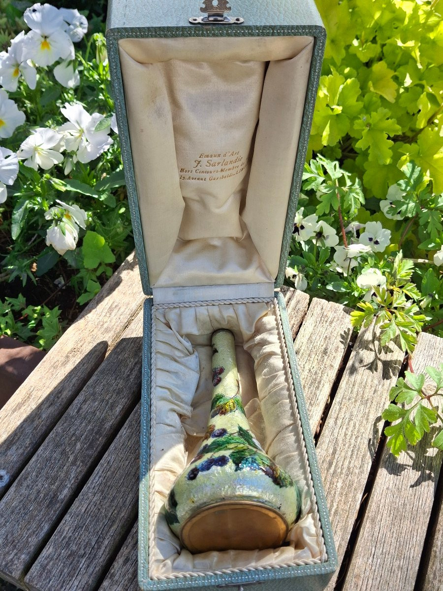 Jules Sarlandie (1874-1936) émaux de Limoges vase aux mûriers -photo-4