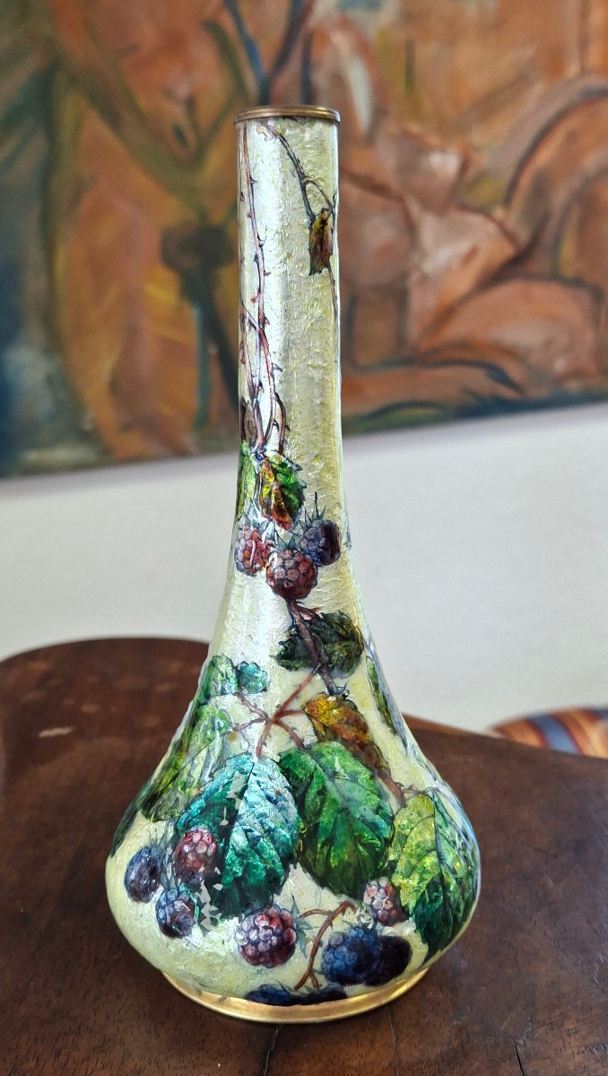 Jules Sarlandie (1874-1936) émaux de Limoges vase aux mûriers 