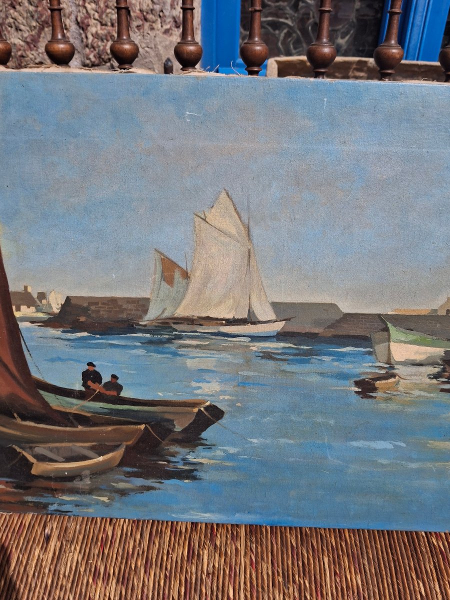 Oil On Canvas Depicting A Breton Harbor Scene; Signature To Be Identified -photo-2