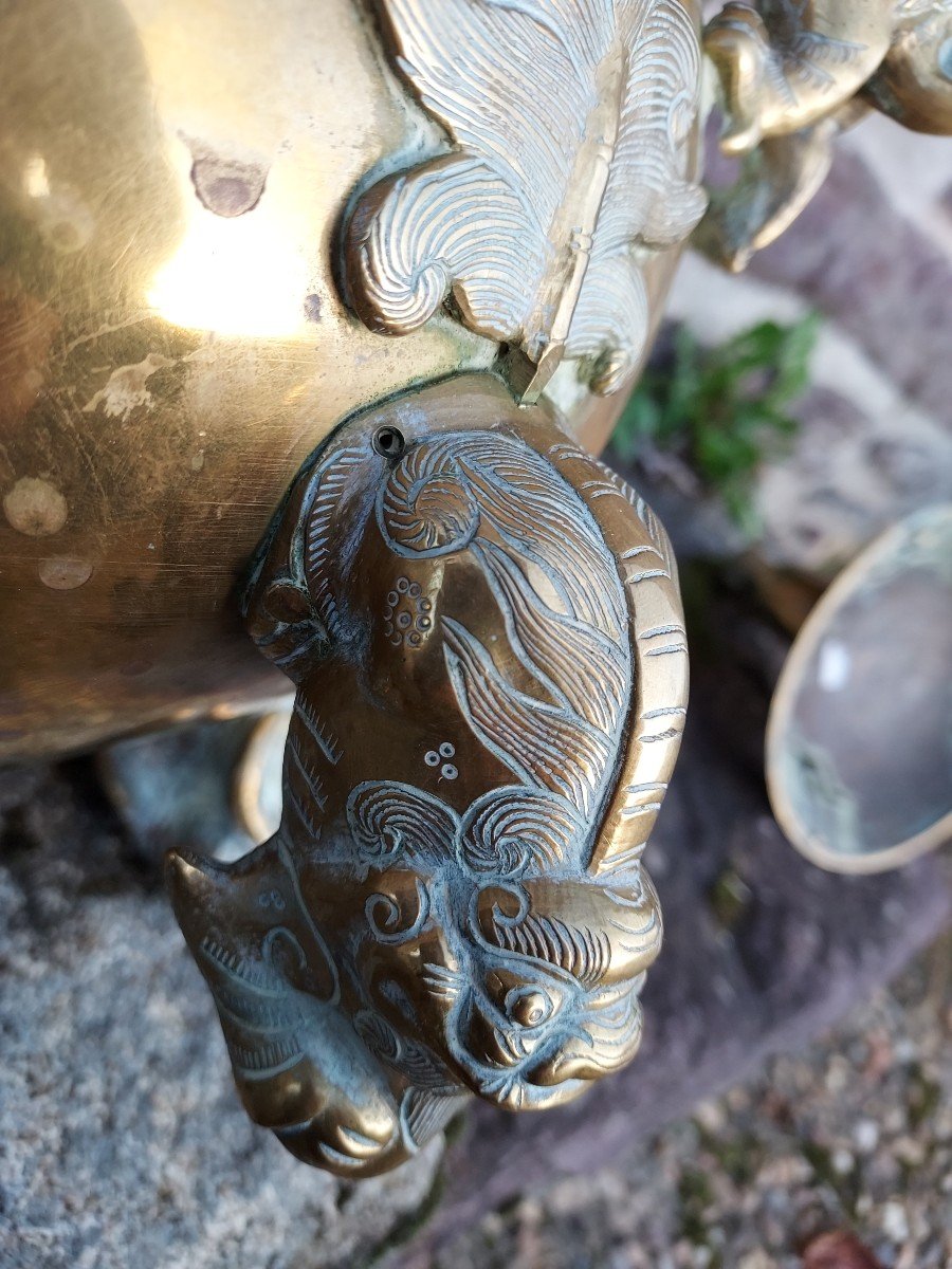 Grand Brûle-parfum Sur Socle, Bronze Doré, Indochine Vers 1900-photo-2