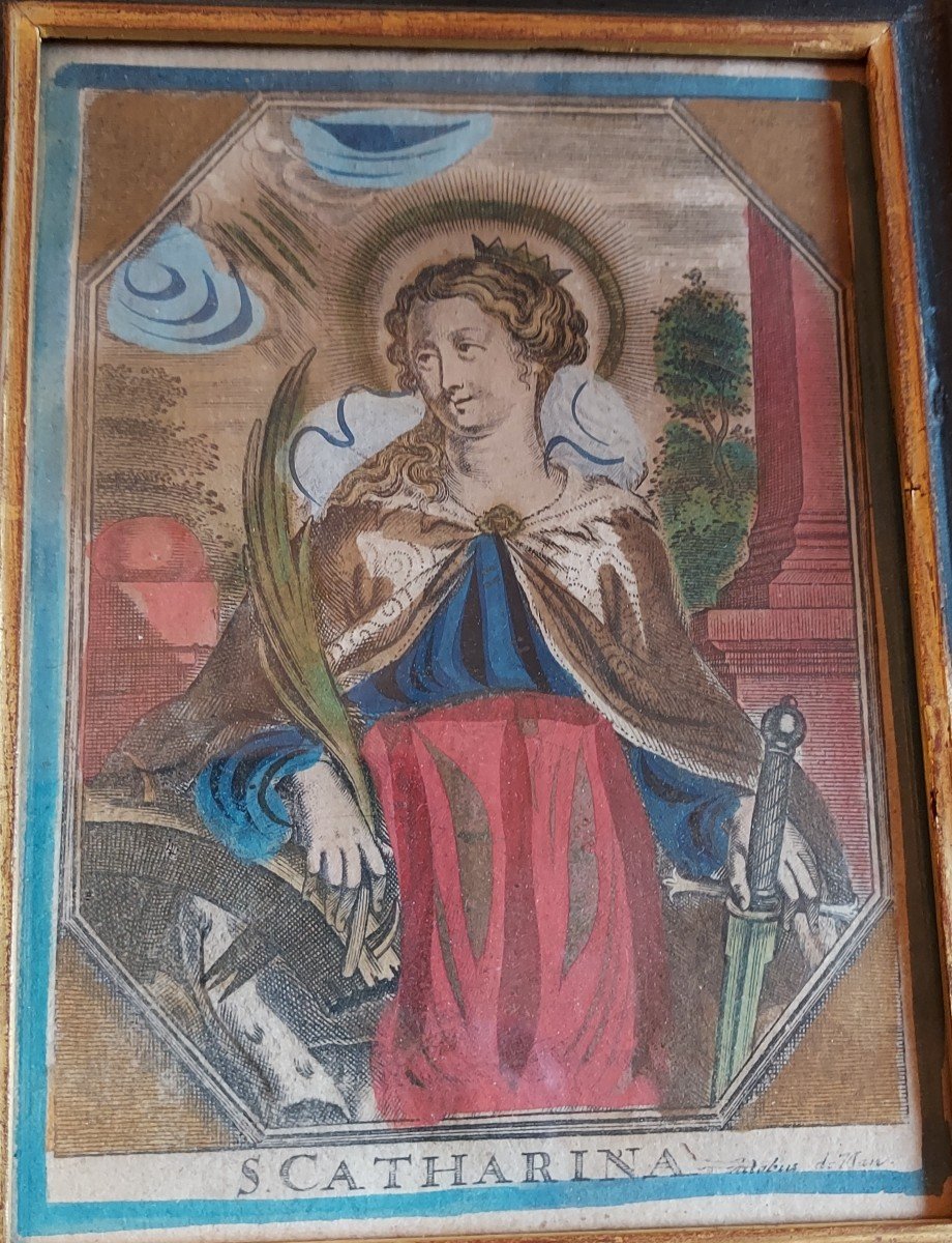 17th Century Enhanced Engraving Of Saint Catherine Of Alexandria By Jacobus De Man