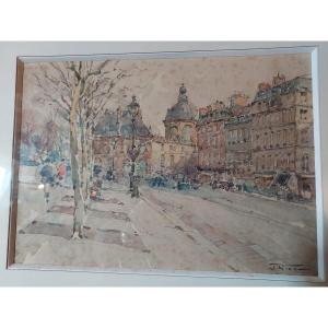 View Of Paris, Institut De France, Watercolor By Jean Nicol