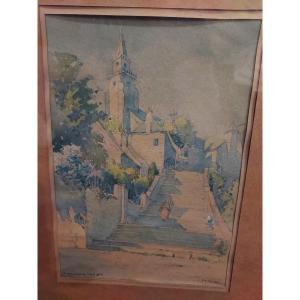 Watercolor Of Lannion By Jean Nicol 1945