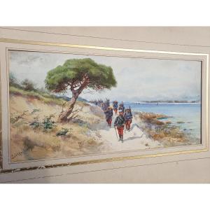 Watercolor Pierre Comba (1859-1934) Soldiers By The Sea (côte d'Azur)