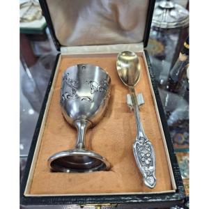 Coquetier en argent et sa cuillère art nouveau