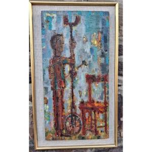 René Quillivic (1879-1969) huile sur bois le monocycle girafe