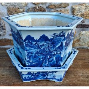 Chine XIXe jardinière Hexagonale en porcelaine blanc/bleu