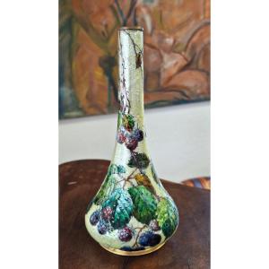 Jules Sarlandie (1874-1936) Limoges Enamel Vase With Mulberry Trees