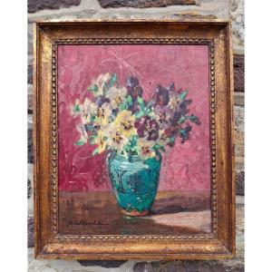 Painting Oil On Canvas Bouquet Of Pansies Mathilde De La Blanchetée