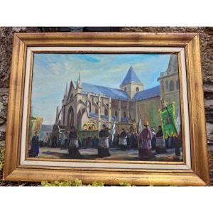 Huile sur toile Tréguier Pardon de la Saint-Yves 1950