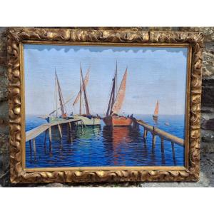 Oil On Canvas: Sailboats Near Saint-tropez By Louis Haas (1870–1923)