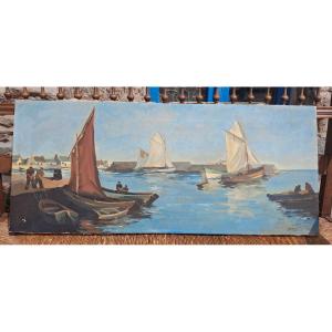 Huile sur toile représentant une Scène portuaire bretonne signature à identifier