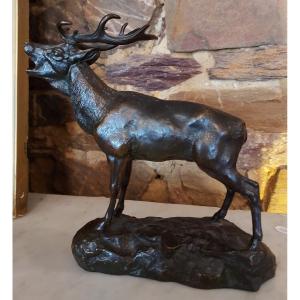 Bronze Signé Barye Fonte Barbedienne Le Cerf Bramant