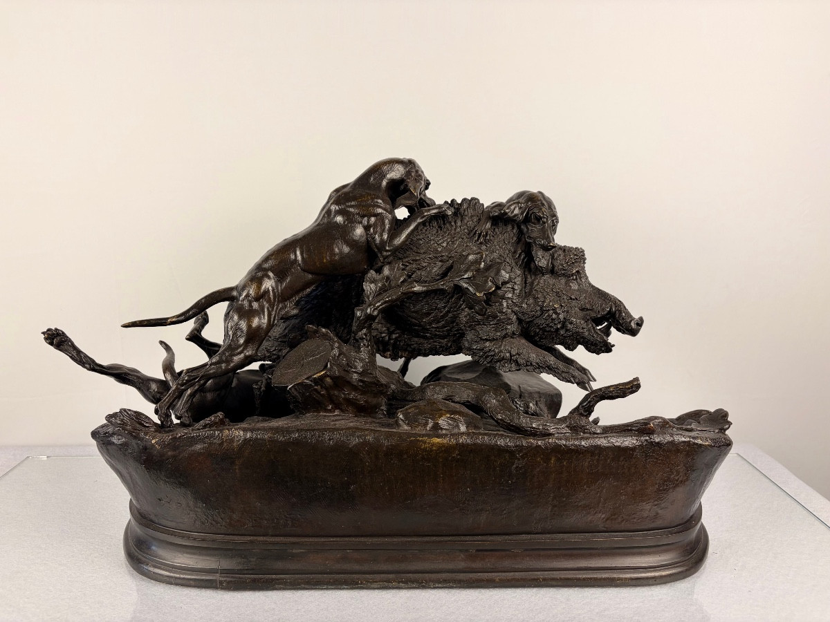 Bronze Moigniez Sanglier  au Ferme par 3 Chiens Chasse -photo-3