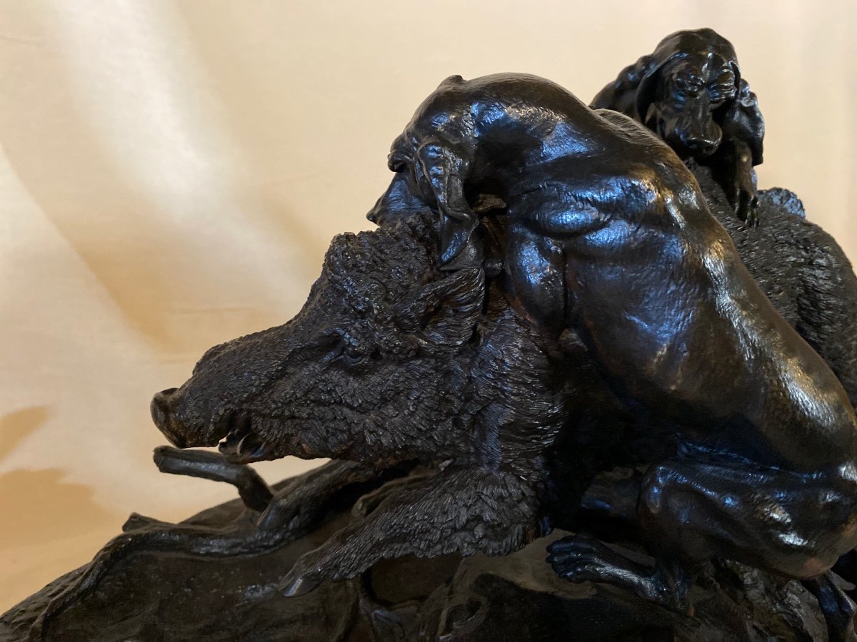 Bronze Moigniez Boar At The Farm By 3 Hunting Dogs-photo-4