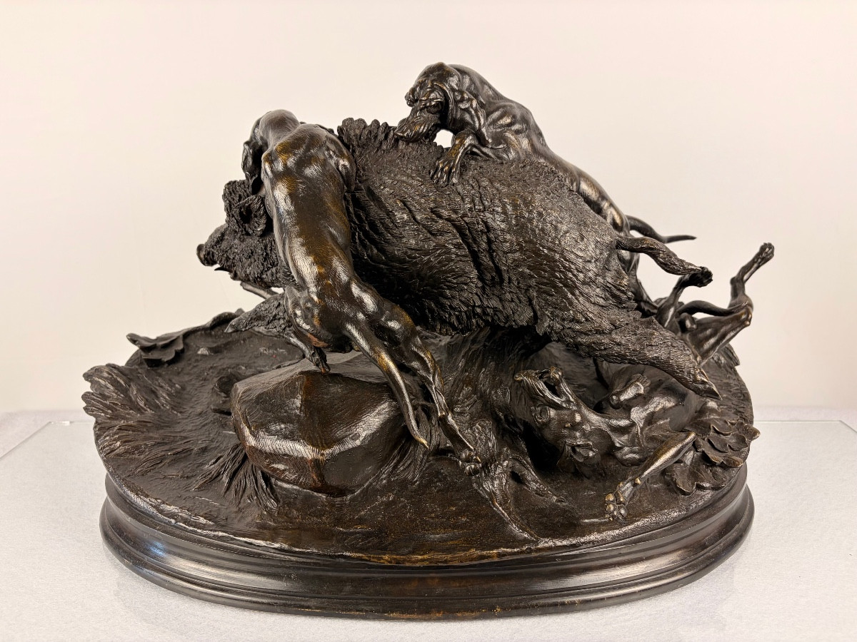 Bronze Moigniez Sanglier  au Ferme par 3 Chiens Chasse 