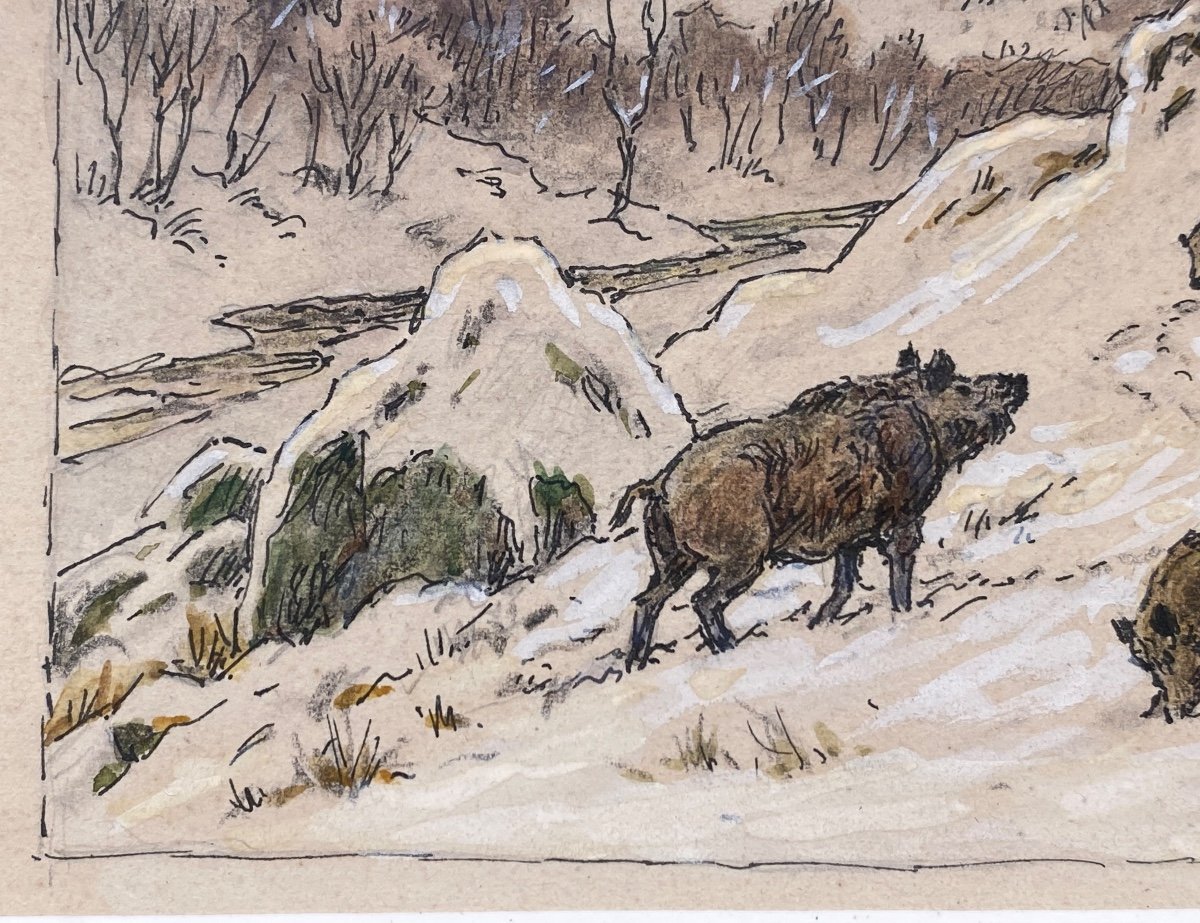Rotig Georges Frédéric Wild Boars Under The Snow Watercolor Ink-photo-1