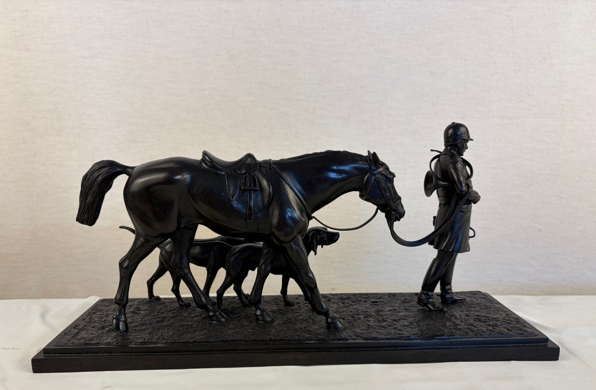 Bronze Conrad Return From The Hunt: Huntsman, Horse And 2 Dogs -photo-2