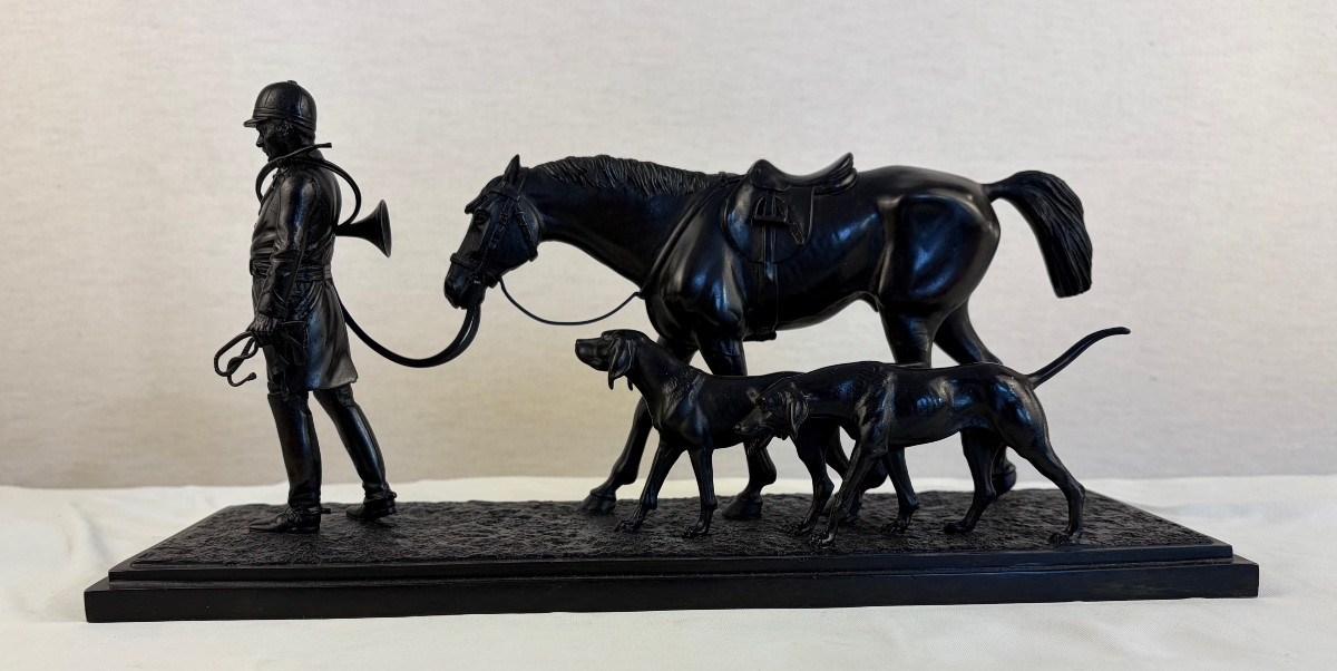 Bronze Conrad Return From The Hunt: Huntsman, Horse And 2 Dogs -photo-4