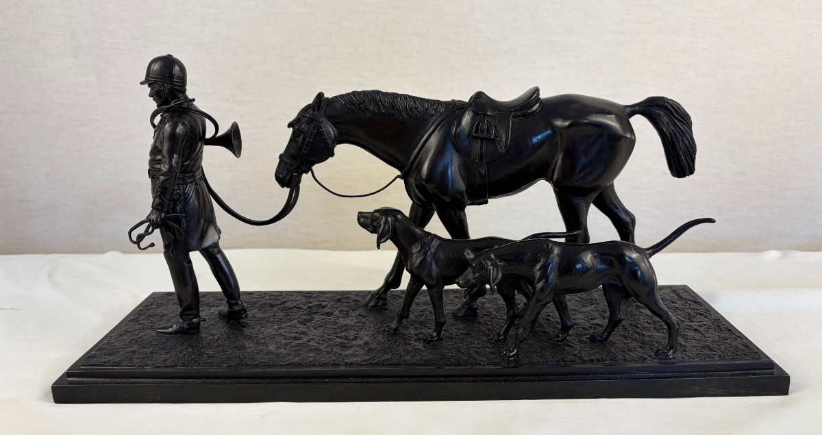 Bronze Conrad Return From The Hunt: Huntsman, Horse And 2 Dogs 