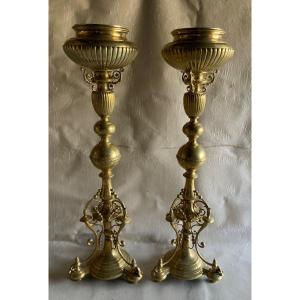 Large Pair Of Planters Or Foot Of Oil Lamps In Brass
