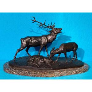 Bronze Masson Famille Cerf Biche Faon Cervidés 