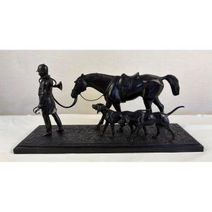 Bronze Conrad Retour de Chasse Piqueux Cheval et 2 Chiens 