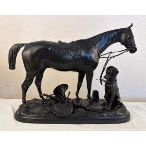 Bronze Lenordez Cheval Chien Chasse Trophée 